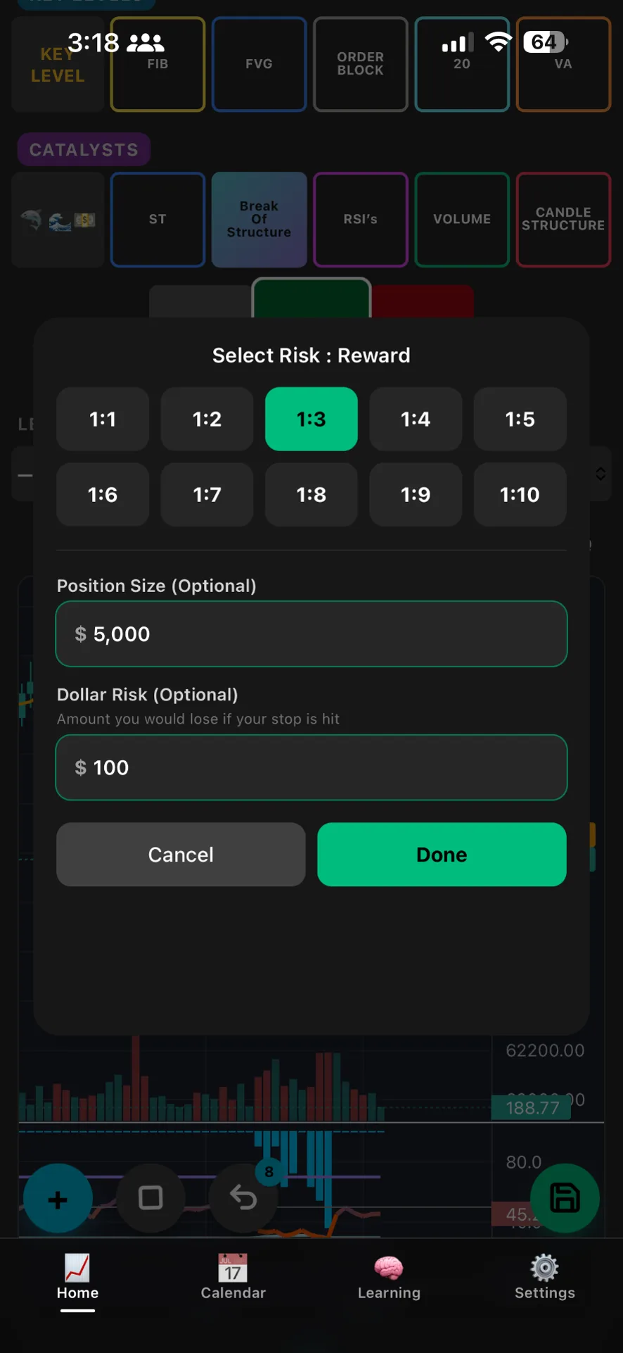 Trade by Trade risk-to-reward and position size selection while logging a trade
